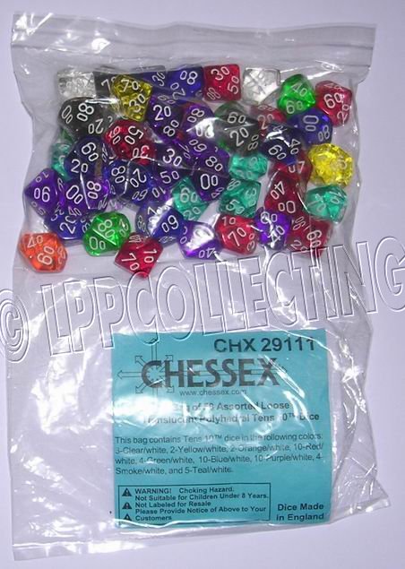 Chessex - Sacchetto 50x Dadi Trasparenti/Translucent D10 percentuale