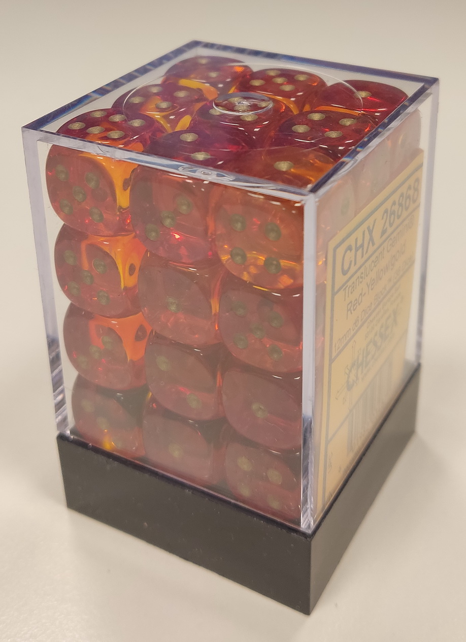 [GE35] Chessex - Set 36 Dadi 12mm Gemini Translucent Gemini Red-Yellow/Gold
