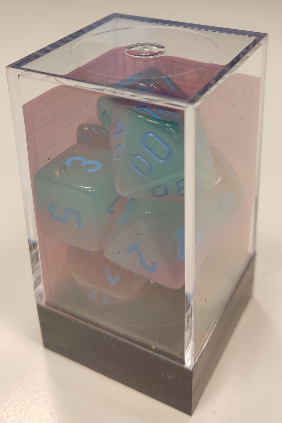 [GE24] Chessex - Set 7 Dadi Gemini Gel Green-Pink/Blue