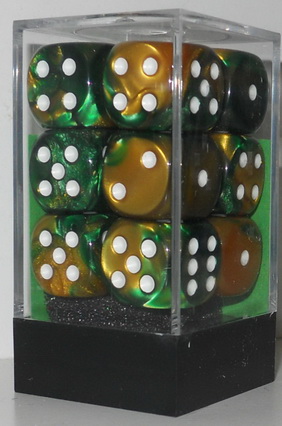 [GE04] Chessex - Set 12 Dadi 16 mm Gemini Gold-Green/white