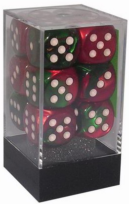 [GE09] Chessex - Set 12 Dadi 16 mm Gemini Green-Red/white