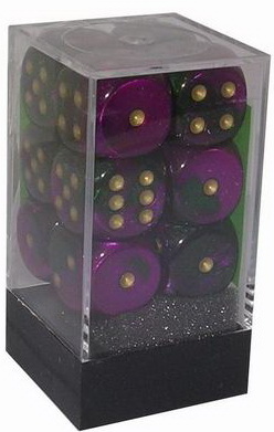 [GE12] Chessex - Set 12 Dadi 16 mm Gemini Green-Purple/gold