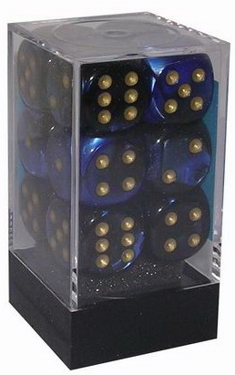 [GE13] Chessex - Set 12 Dadi 16 mm Gemini Black-Blue/gold