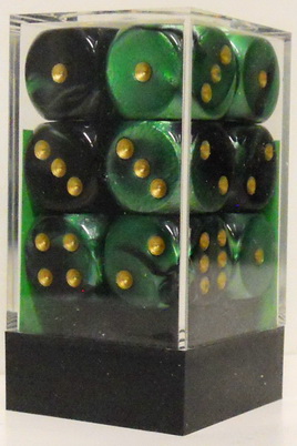 [GE15] Chessex - Set 12 Dadi 16 mm Gemini Black-Green/gold