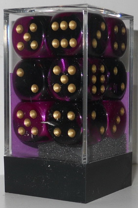 [GE16] Chessex - Set 12 Dadi 16 mm Gemini Black-Purple/gold