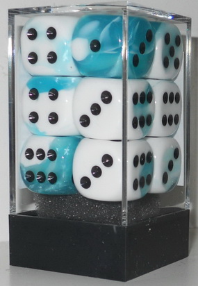[GE17] Chessex - Set 12 Dadi 16 mm Gemini Teal-White/black
