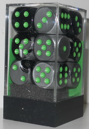 [GE18] Chessex - Set 12 Dadi 16 mm Gemini Black-Grey/green