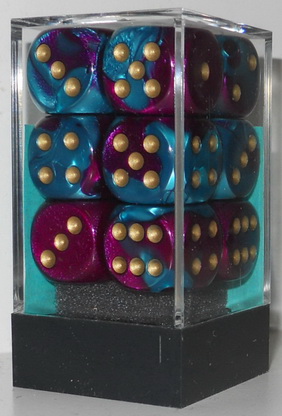 [GE20] Chessex - Set 12 Dadi 16 mm Gemini Purple-Teal/gold
