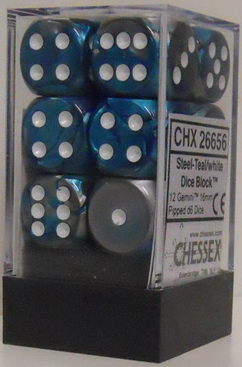 [GE26] Chessex - Set 12 Dadi 16 mm Gemini Steel-Teal/white