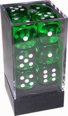 [TR05] Chessex - Set 12 Dadi 16 mm Trasparenti Verde/Numeri Bianchi