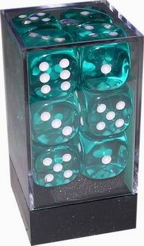 [TR06] Chessex - Set 12 Dadi 16 mm Trasparenti Teal/Numeri Bianchi