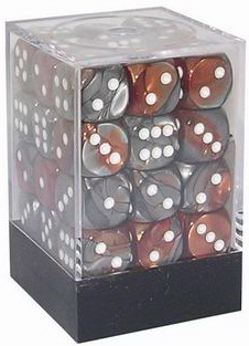 [GE03] Chessex - Set 36 Dadi 12 mm Gemini Copper-Steel/white