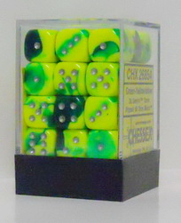 [GE25] Chessex - Set 36 Dadi 12 mm Gemini Green-Yellow/silve