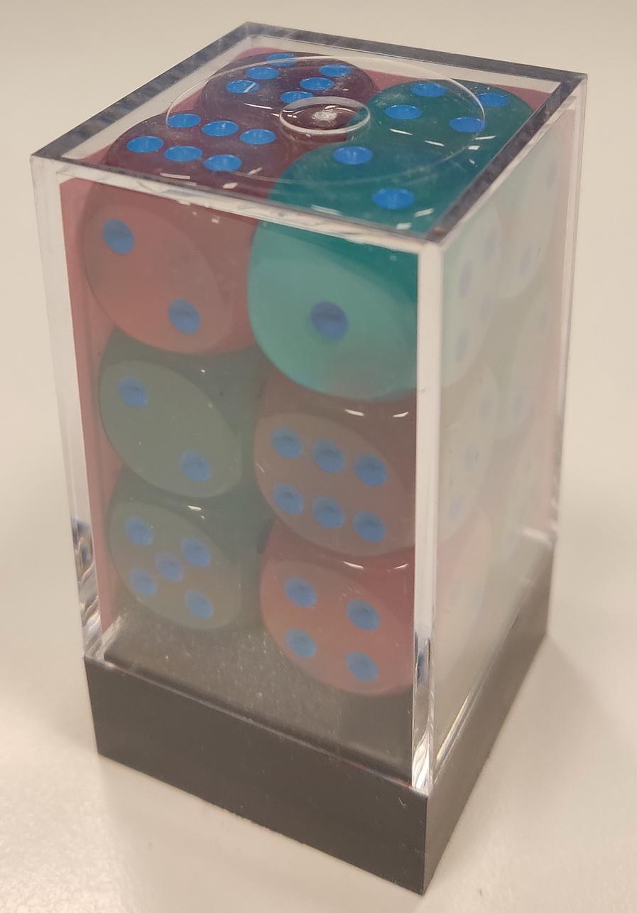 [GE24] Chessex - Set 12 Dadi 16mm Gemini Gel Green-Pink/Blue